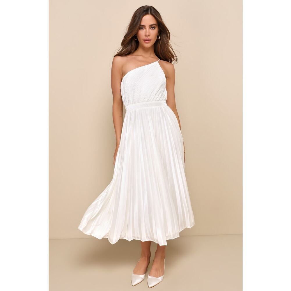 Lulus Alluring Marvel Ivory Pleated Satin One Shoulder Midi Dress Size Small NWT